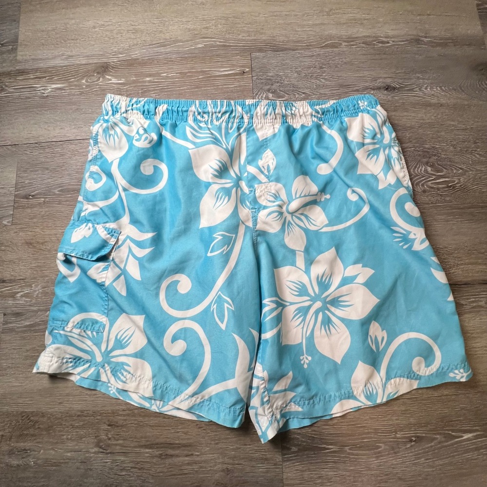 No Boundaries Swim Trunks Mens L Blue Hibiscus Floral Cargo Pocket Mesh Lined